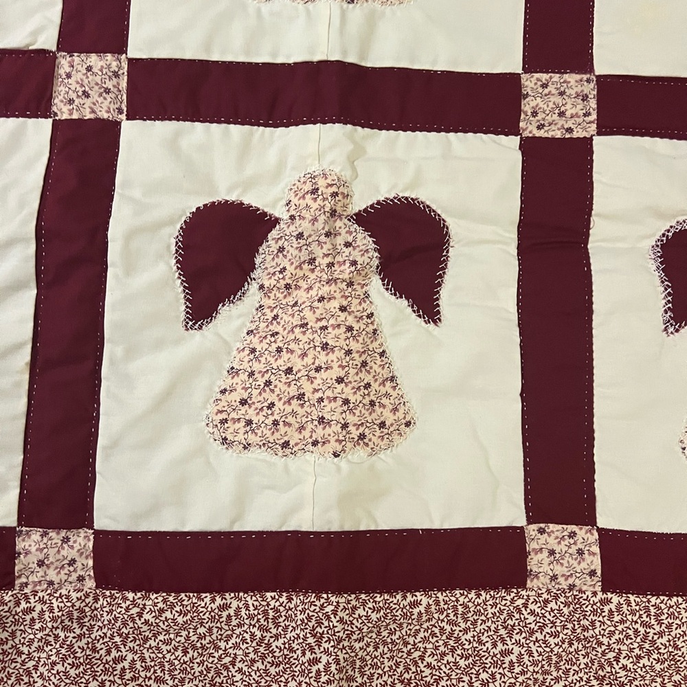 Angel Patchwork Quilt Handmade Hand stitched Burgundy Pink Floral 55.5”X42.5”